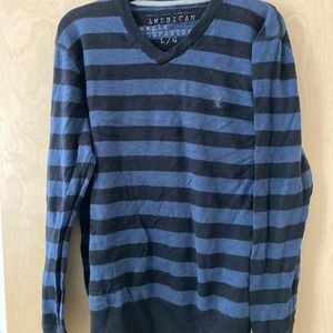 American Eagle Outfitters V-Neck Black and Blue Top with Embroidered Logo